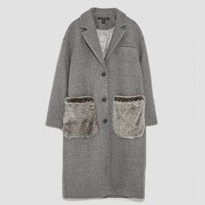 ZARA Grey Fuzzy Pocket Pea Coat
